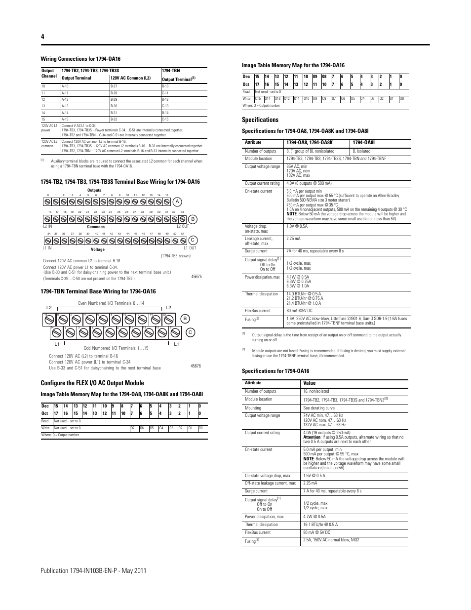 Configure the flex i/o ac output module, Specifications | Rockwell Automation 1794-OA8_OA8K_OA8I_OA16 FLEX I/O Digital AC Output Modules Installation Instructions User Manual | Page 4 / 6