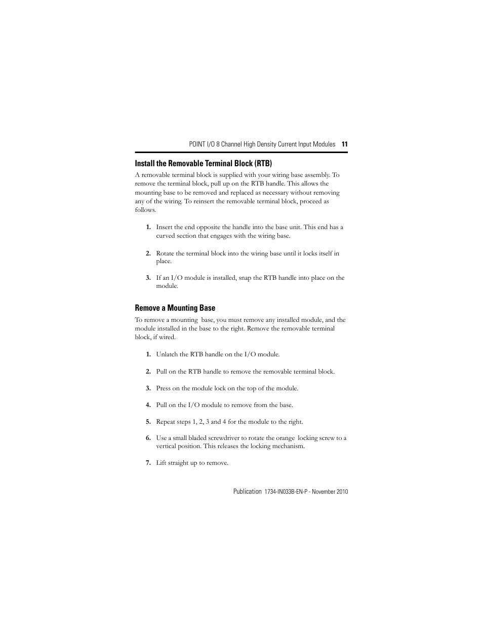 Install the removable terminal block (rtb), Remove a mounting base | Rockwell Automation 1734-IE8C Installation Instructions User Manual | Page 11 / 24