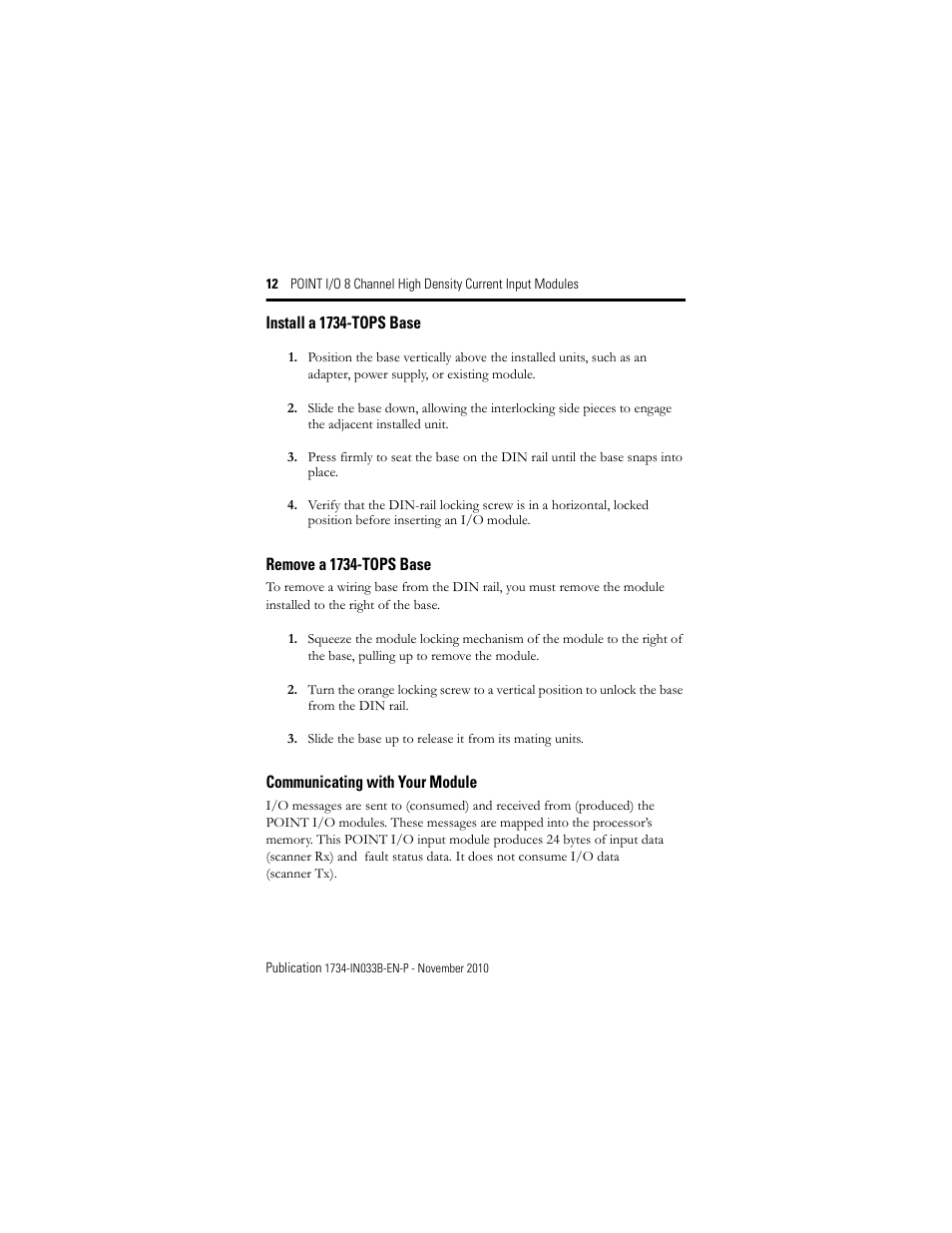 Install a 1734-tops base, Remove a 1734-tops base, Communicating with your module | Rockwell Automation 1734-IE8C Installation Instructions User Manual | Page 12 / 24