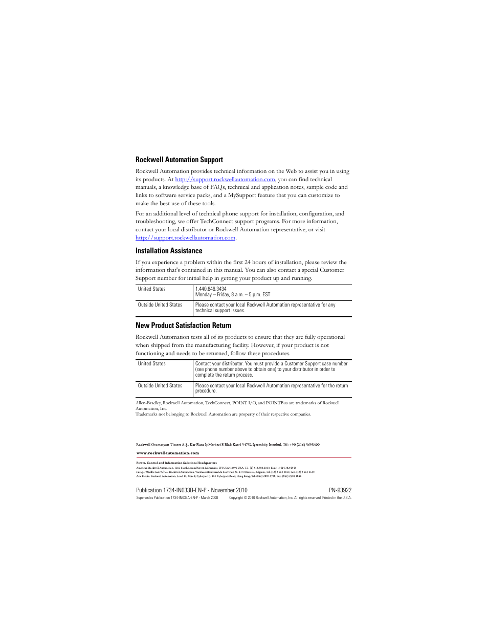 Back cover, Rockwell automation support, Installation assistance | New product satisfaction return | Rockwell Automation 1734-IE8C Installation Instructions User Manual | Page 24 / 24