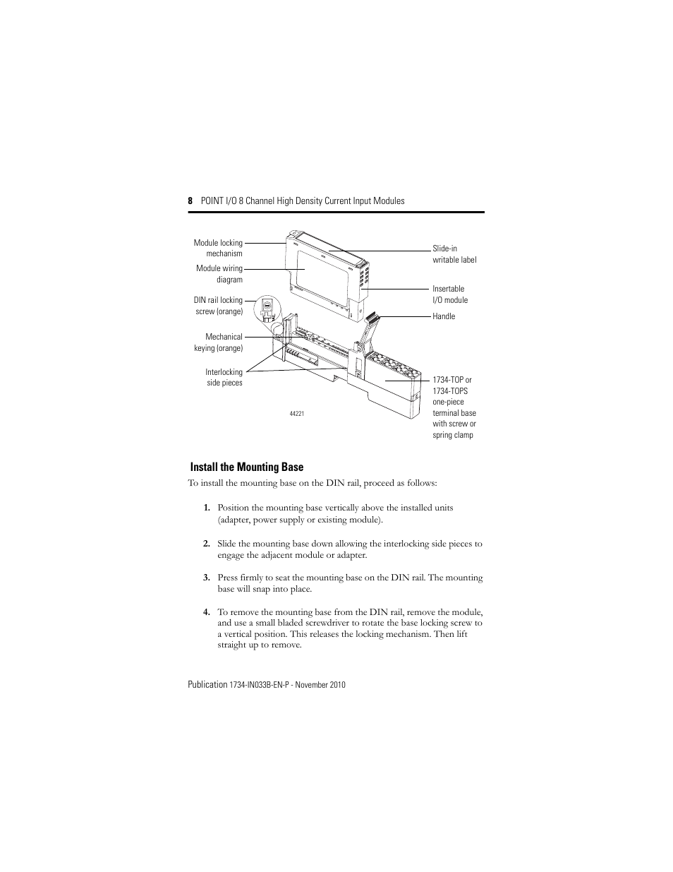 Install the mounting base | Rockwell Automation 1734-IE8C Installation Instructions User Manual | Page 8 / 24