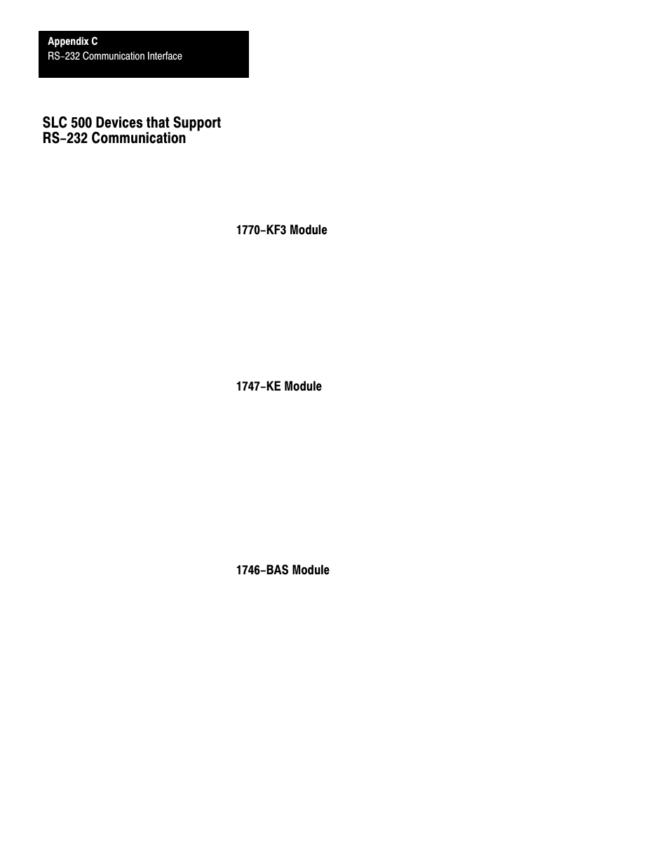 Slc 500 devices that support rs-232 communication, 1770-kf3 module, 1747-ke module | 1746-bas module | Rockwell Automation 1747-L40 SLC 500 Fixed Hardware Style User Manual | Page 125 / 223