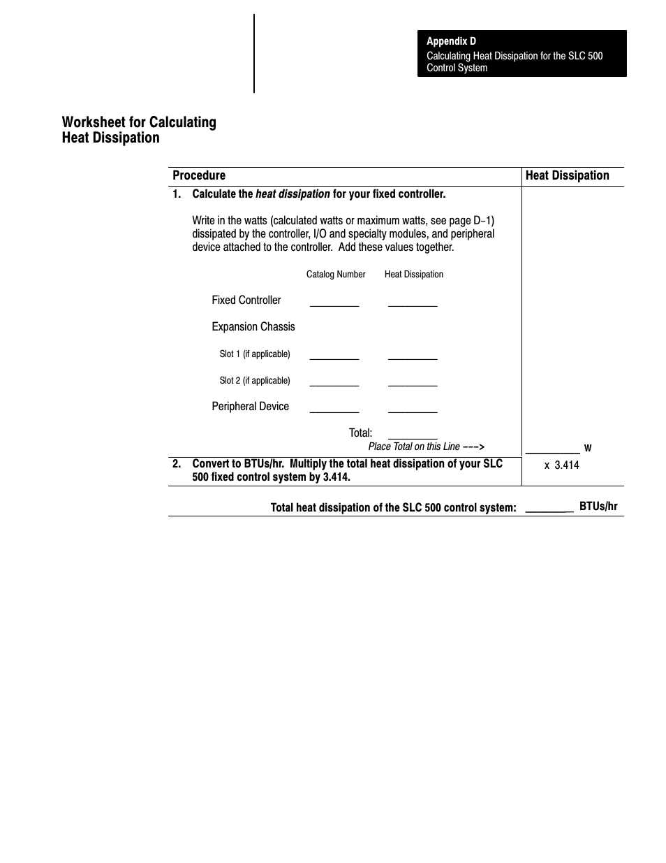 Worksheet for calculating heat dissipation, And fill it out for your control system | Rockwell Automation 1747-L40 SLC 500 Fixed Hardware Style User Manual | Page 142 / 223