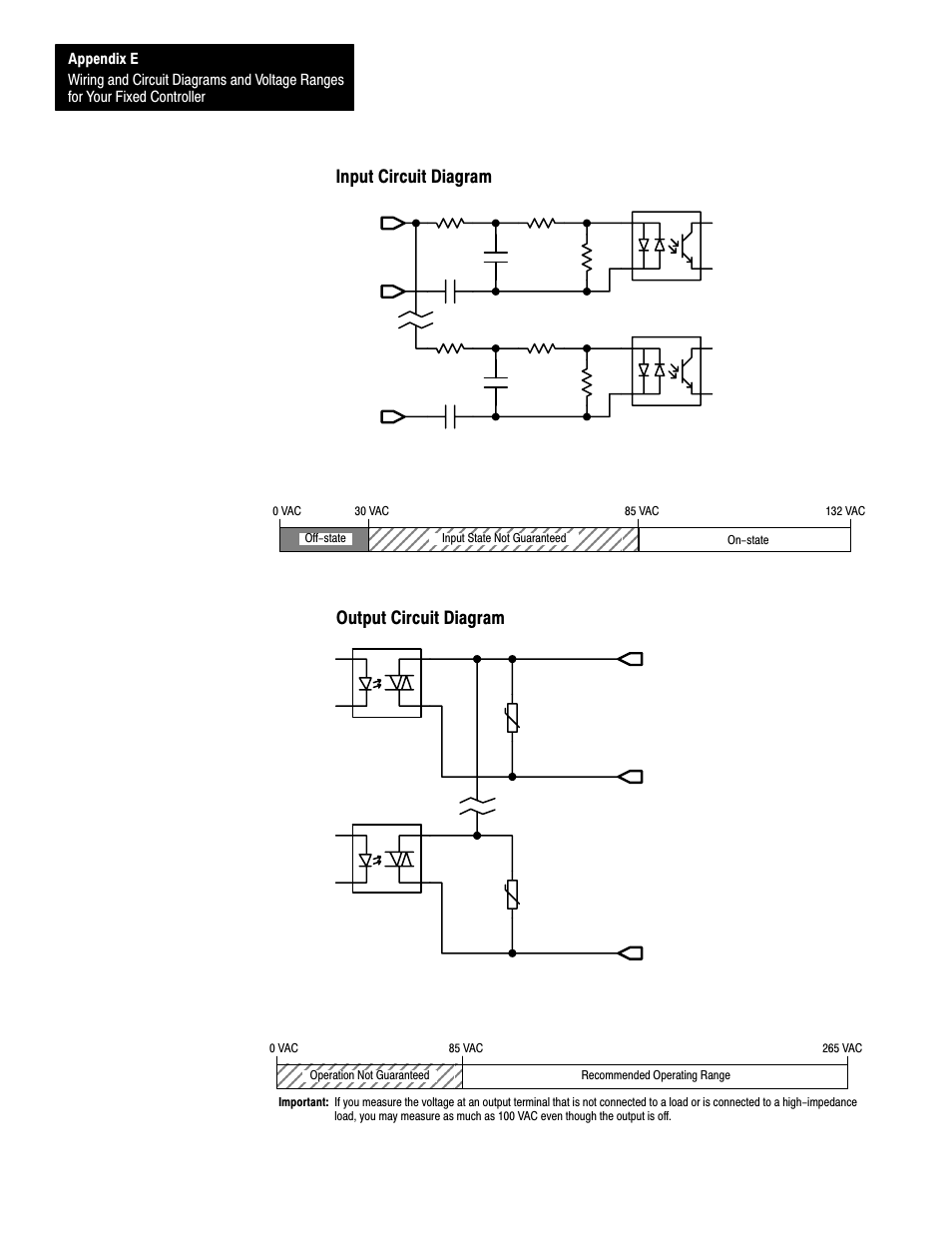 Input circuit diagram, Output circuit diagram, E-36 | On/off state voltage ranges, Operating voltage range | Rockwell Automation 1747-L40 SLC 500 Fixed Hardware Style User Manual | Page 179 / 223