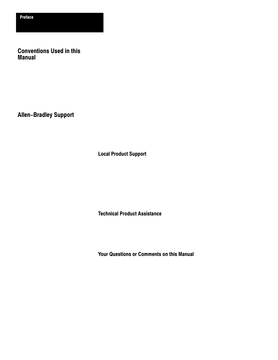 Conventions used in this manual, Allen-bradley support, Local product support | Technical product assistance, Your questions or comments on this manual | Rockwell Automation 1747-L40 SLC 500 Fixed Hardware Style User Manual | Page 19 / 223