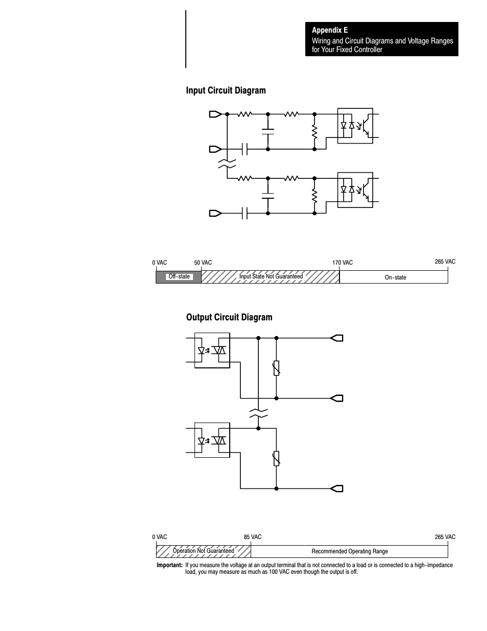 Input circuit diagram, Output circuit diagram, E-47 | On/off state voltage ranges, Operating voltage range | Rockwell Automation 1747-L40 SLC 500 Fixed Hardware Style User Manual | Page 190 / 223