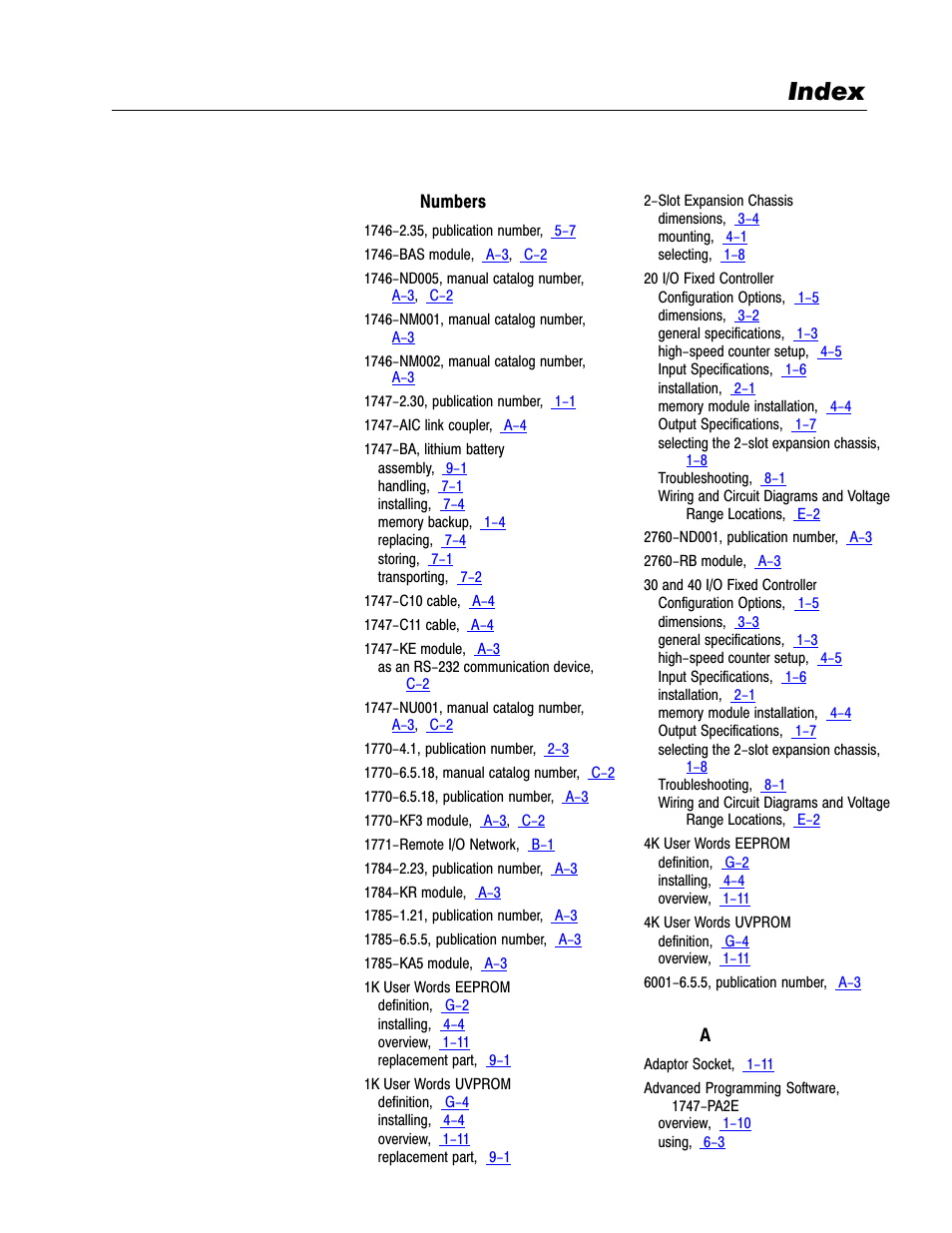 Index | Rockwell Automation 1747-L40 SLC 500 Fixed Hardware Style User Manual | Page 214 / 223