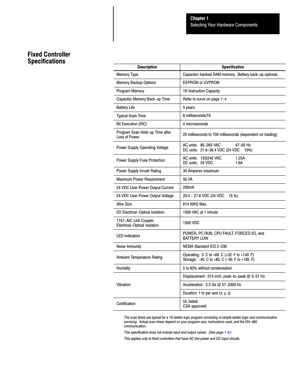 Fixed controller specifications | Rockwell Automation 1747-L40 SLC 500 Fixed Hardware Style User Manual | Page 22 / 223