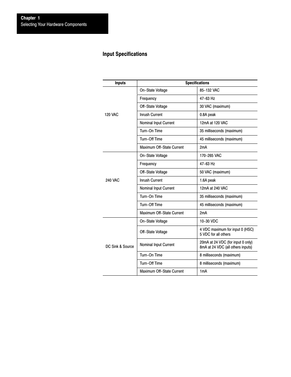 Input specifications | Rockwell Automation 1747-L40 SLC 500 Fixed Hardware Style User Manual | Page 25 / 223