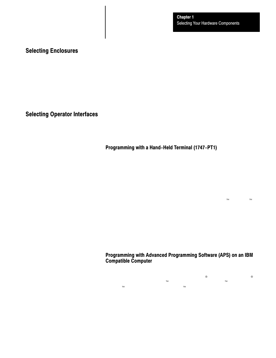Selecting enclosures, Selecting operator interfaces, Programming with a hand-held terminal (1747-pt1) | Selecting enclosures selecting operator interfaces | Rockwell Automation 1747-L40 SLC 500 Fixed Hardware Style User Manual | Page 28 / 223