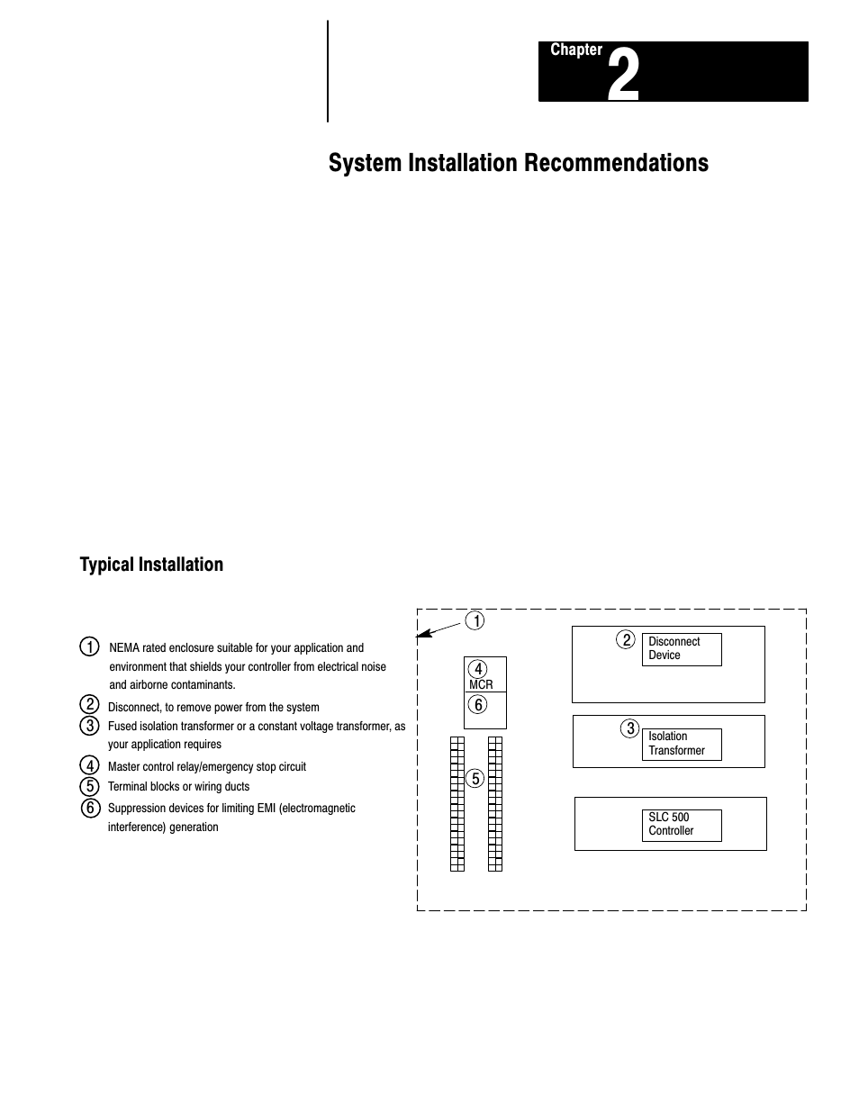 2 - system installation recommendations, Typical installation, System installation recommendations | Rockwell Automation 1747-L40 SLC 500 Fixed Hardware Style User Manual | Page 40 / 223