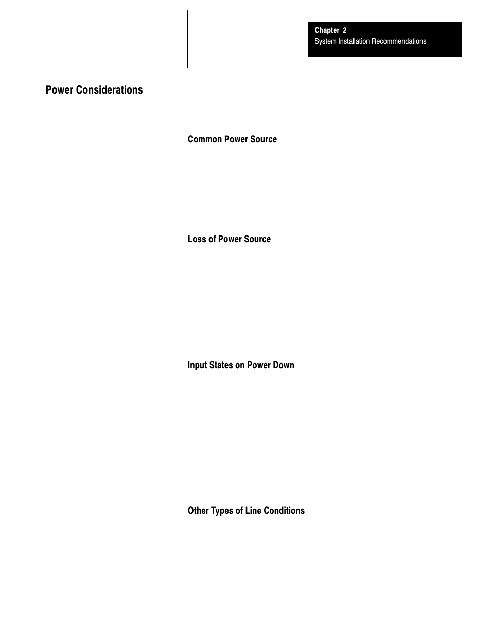 Power considerations, Common power source, Loss of power source | Input states on power down, Other types of line conditions | Rockwell Automation 1747-L40 SLC 500 Fixed Hardware Style User Manual | Page 46 / 223