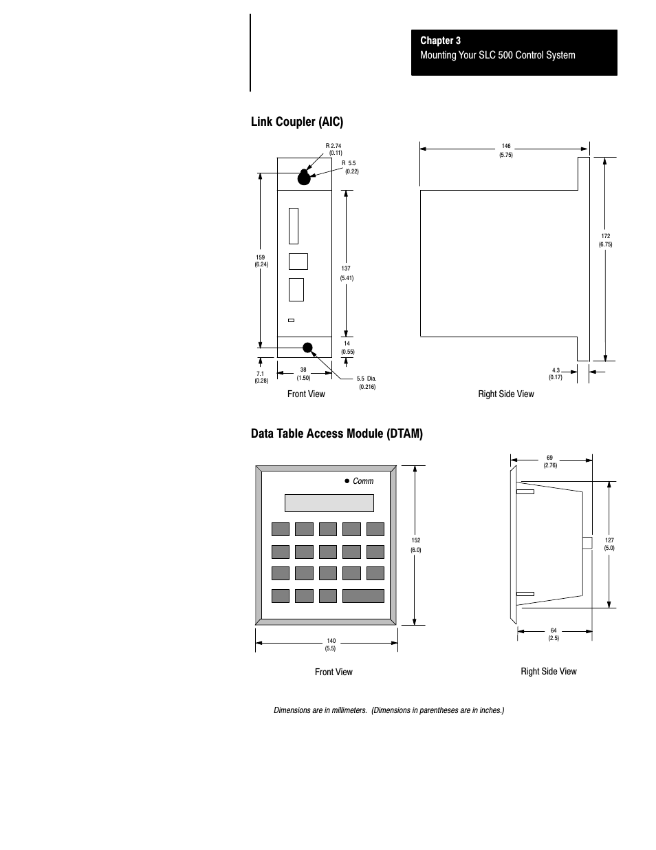 Link coupler (aic), Data table access module (dtam), Chapter 3 mounting your slc 500 control system | Front view, Right side view | Rockwell Automation 1747-L40 SLC 500 Fixed Hardware Style User Manual | Page 54 / 223