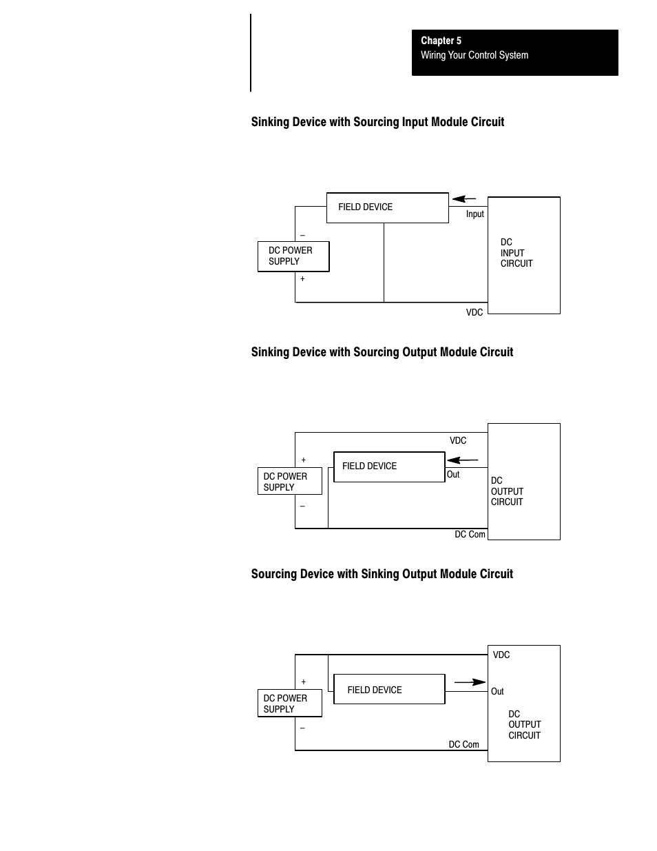 Sinking device with sourcing input module circuit, Sinking device with sourcing output module circuit, Sourcing device with sinking output module circuit | Rockwell Automation 1747-L40 SLC 500 Fixed Hardware Style User Manual | Page 66 / 223