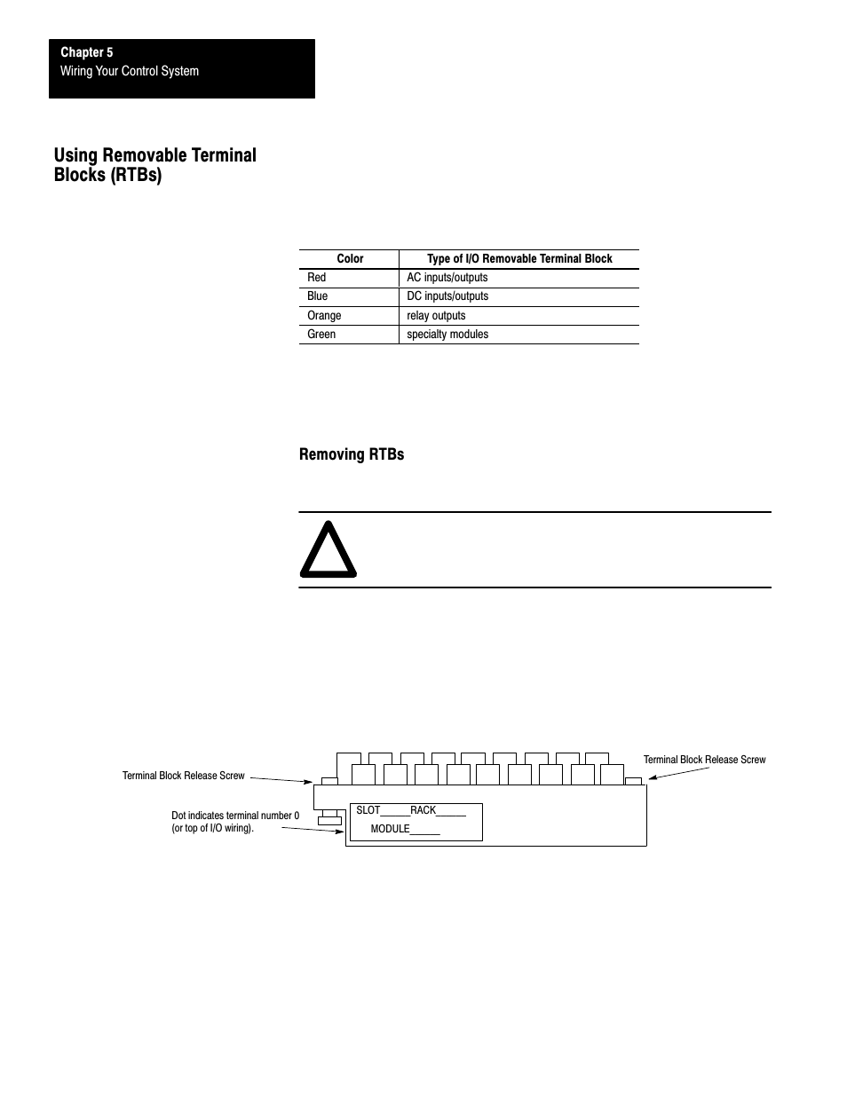 Using removable terminal blocks (rtbs), Removing rtbs | Rockwell Automation 1747-L40 SLC 500 Fixed Hardware Style User Manual | Page 71 / 223