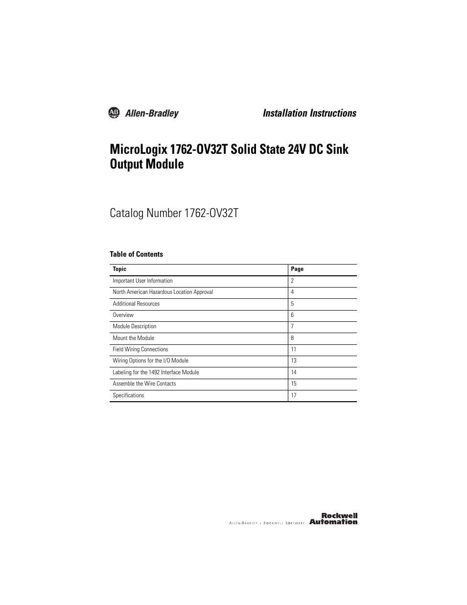 Rockwell Automation 1762-OV32T MicroLogix Solid State 24V DC Sink Output User Manual | 20 pages