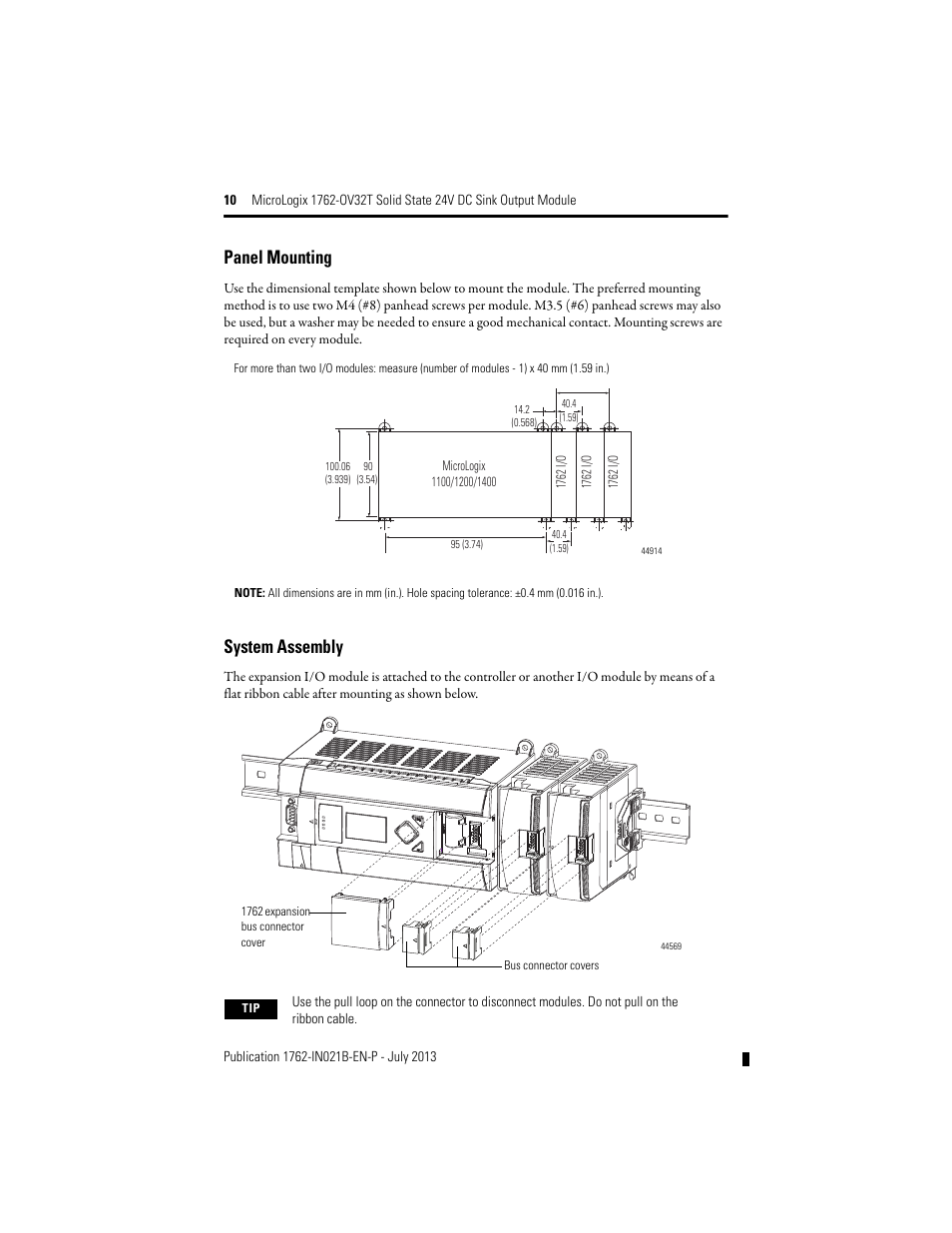 Panel mounting, System assembly | Rockwell Automation 1762-OV32T MicroLogix Solid State 24V DC Sink Output User Manual | Page 10 / 20