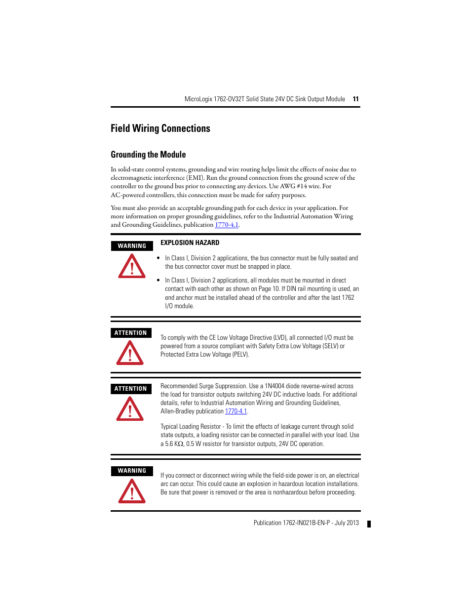 Field wiring connections, Grounding the module | Rockwell Automation 1762-OV32T MicroLogix Solid State 24V DC Sink Output User Manual | Page 11 / 20