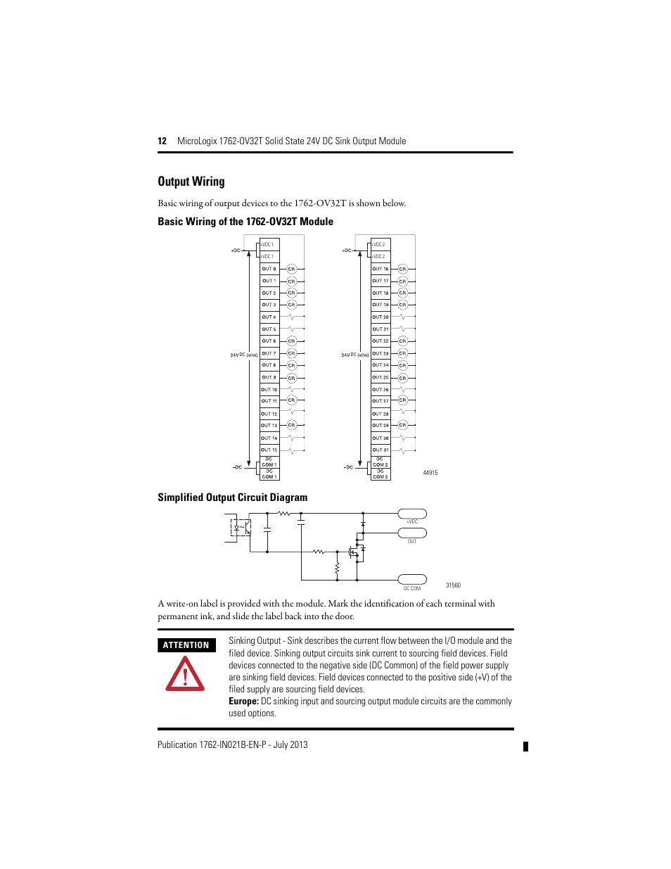 Output wiring | Rockwell Automation 1762-OV32T MicroLogix Solid State 24V DC Sink Output User Manual | Page 12 / 20