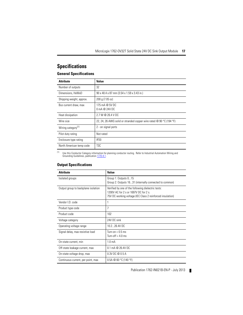 Specifications | Rockwell Automation 1762-OV32T MicroLogix Solid State 24V DC Sink Output User Manual | Page 17 / 20
