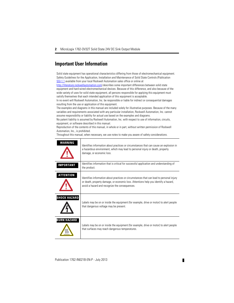 Important user information | Rockwell Automation 1762-OV32T MicroLogix Solid State 24V DC Sink Output User Manual | Page 2 / 20