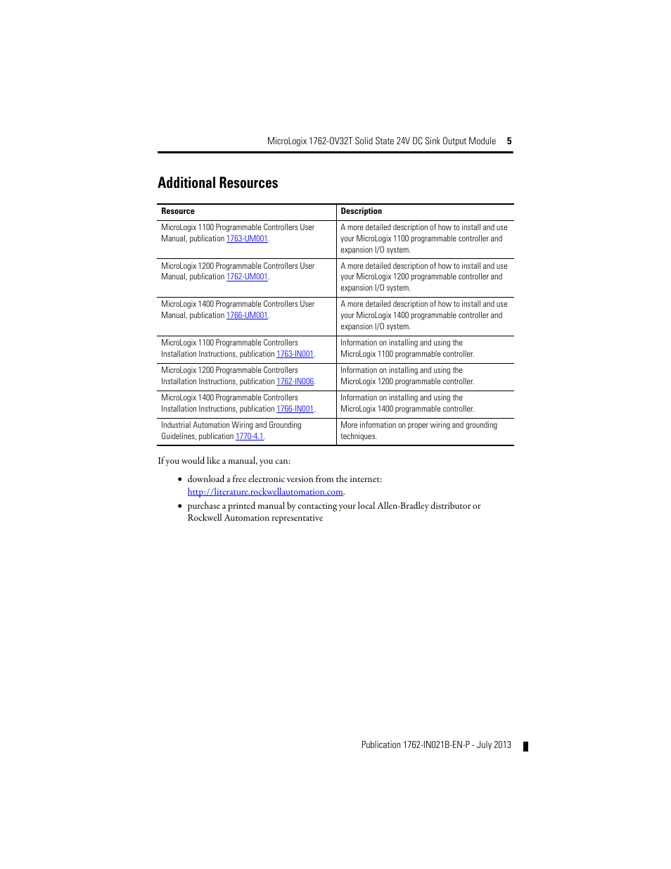 Additional resources | Rockwell Automation 1762-OV32T MicroLogix Solid State 24V DC Sink Output User Manual | Page 5 / 20