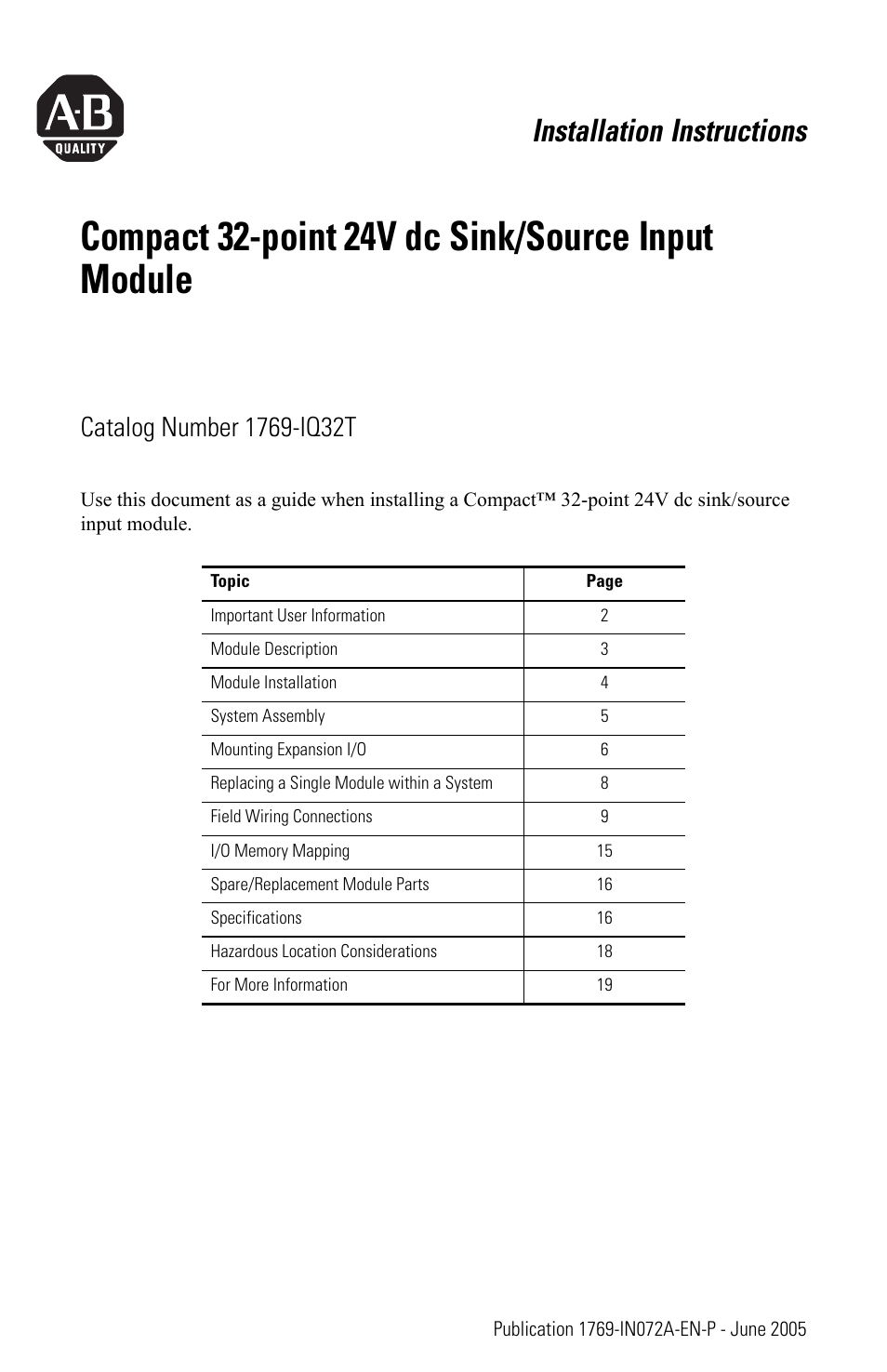 Rockwell Automation 1769-IQ32T Compact Module User Manual | 20 pages