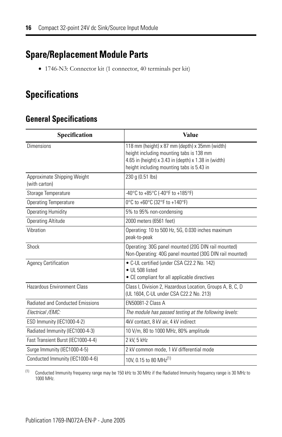 Spare/replacement module parts, Specifications, General specifications | Rockwell Automation 1769-IQ32T Compact Module User Manual | Page 16 / 20