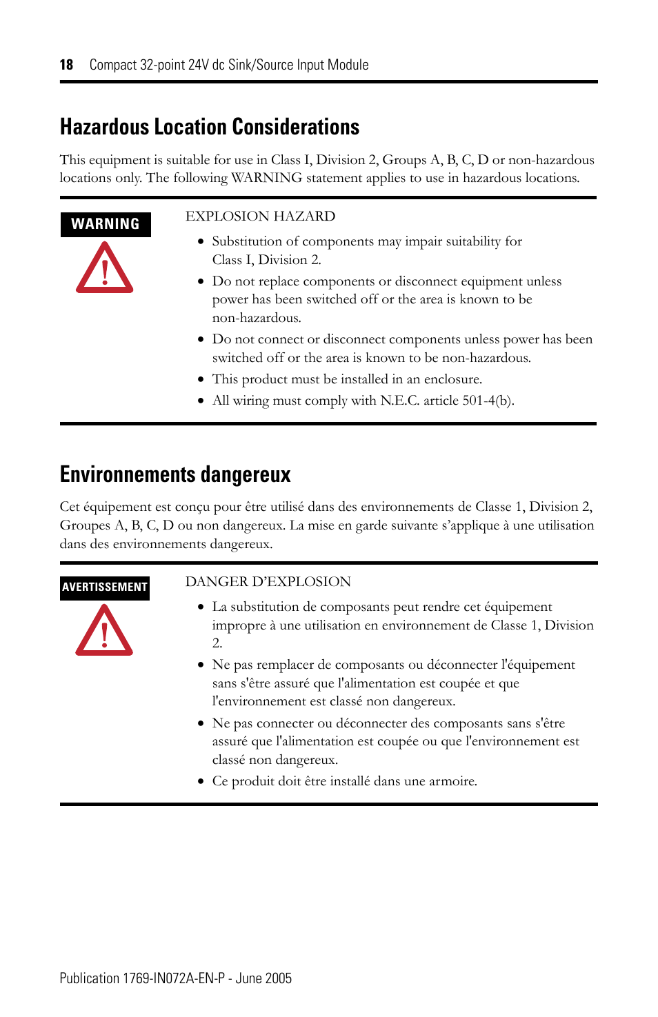 Hazardous location considerations, Environnements dangereux | Rockwell Automation 1769-IQ32T Compact Module User Manual | Page 18 / 20