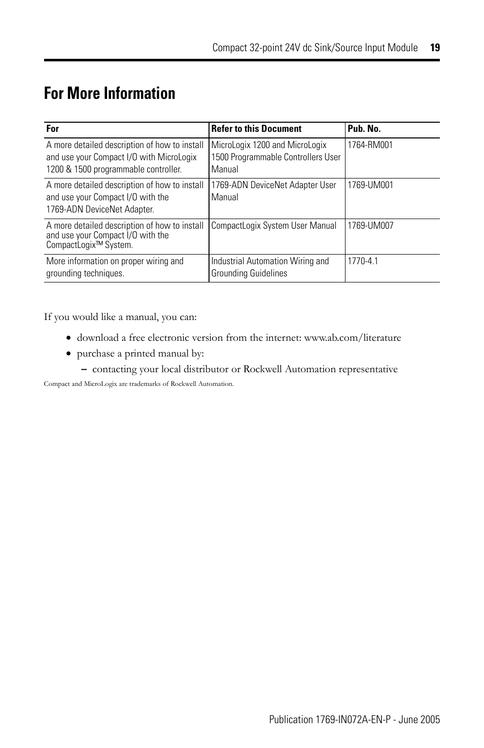 For more information | Rockwell Automation 1769-IQ32T Compact Module User Manual | Page 19 / 20