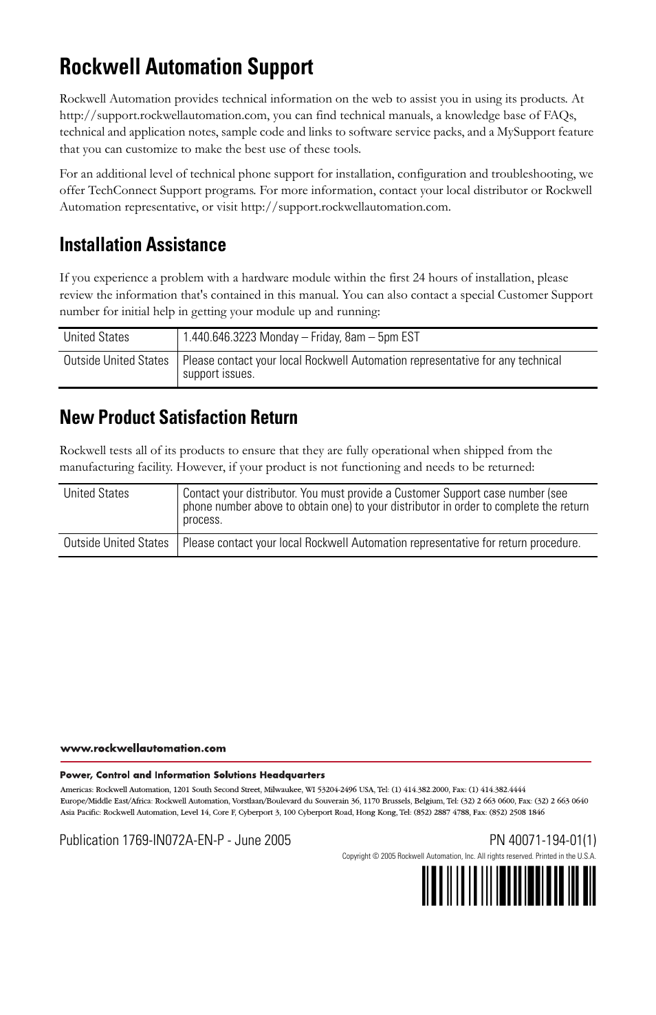 H'+~!¶1x, Rockwell automation support, Installation assistance | New product satisfaction return | Rockwell Automation 1769-IQ32T Compact Module User Manual | Page 20 / 20