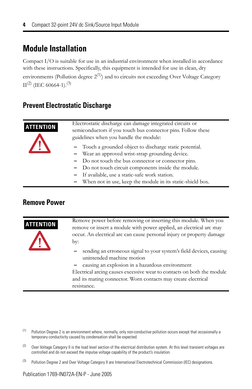 Module installation, Prevent electrostatic discharge remove power | Rockwell Automation 1769-IQ32T Compact Module User Manual | Page 4 / 20