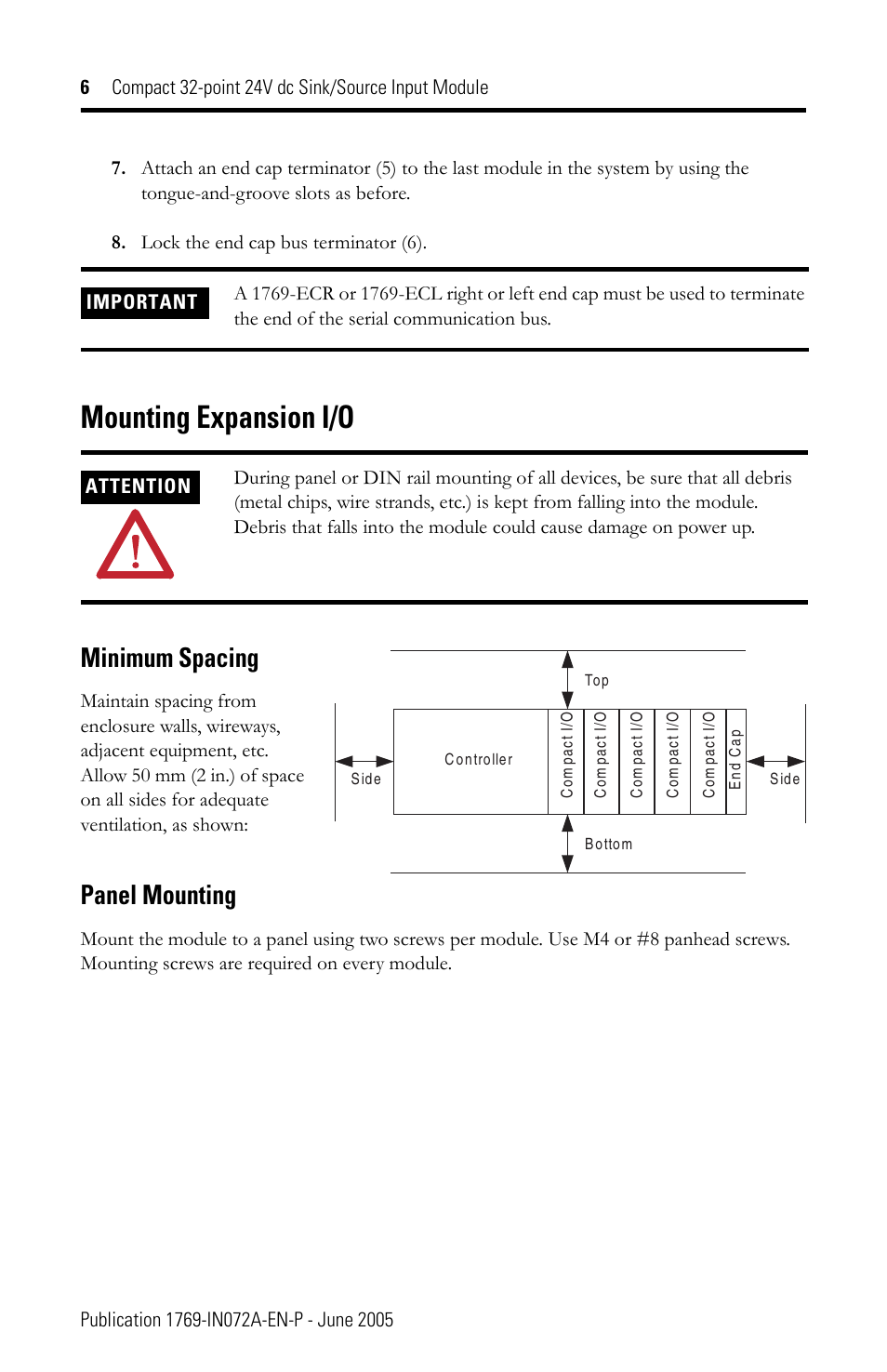 Mounting expansion i/o, Minimum spacing, Panel mounting | Rockwell Automation 1769-IQ32T Compact Module User Manual | Page 6 / 20