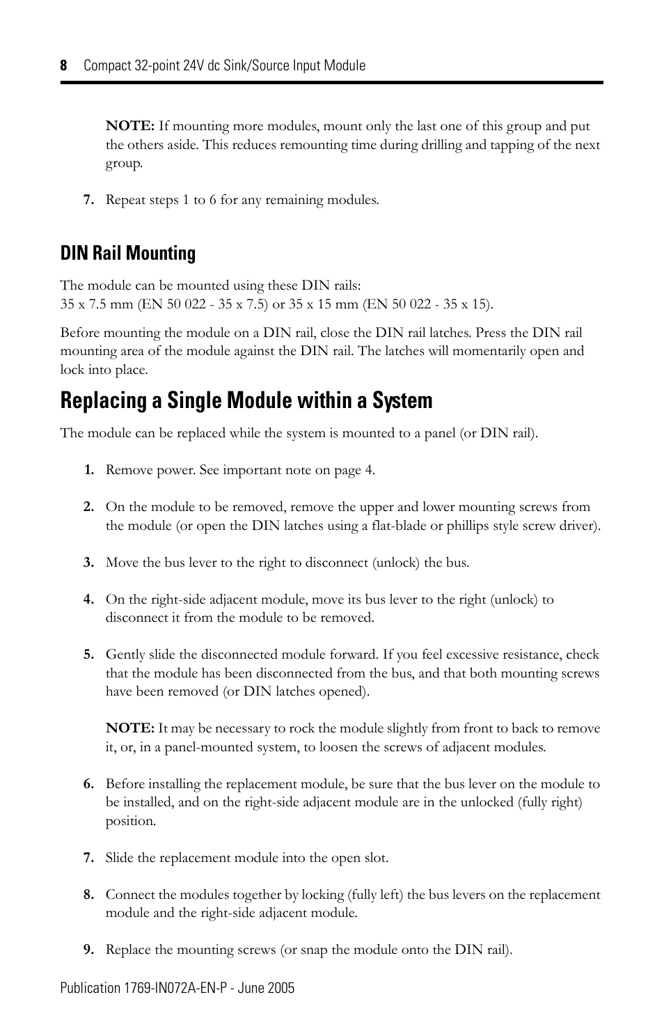 Replacing a single module within a system, Din rail mounting | Rockwell Automation 1769-IQ32T Compact Module User Manual | Page 8 / 20