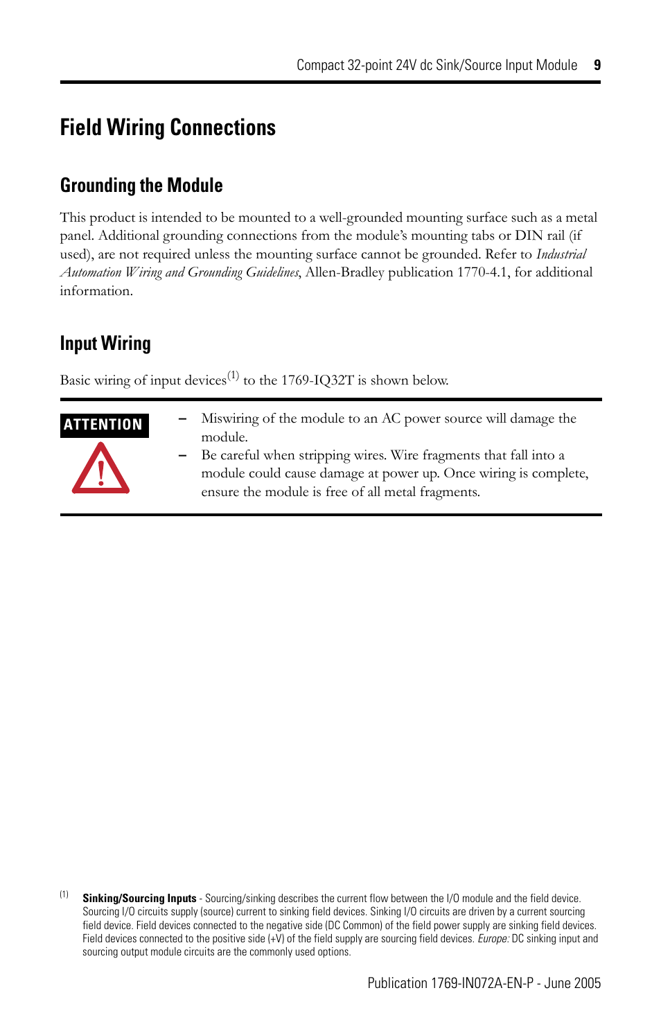 Field wiring connections, Grounding the module, Input wiring | Rockwell Automation 1769-IQ32T Compact Module User Manual | Page 9 / 20
