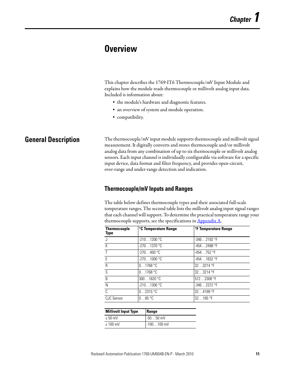 Overview, General description, Thermocouple/mv inputs and ranges | Chapter 1, Chapter | Rockwell Automation 1769-IT6 Compact I/O 1769-IT6 Thermocouple/mV Input Module User Manual | Page 11 / 168