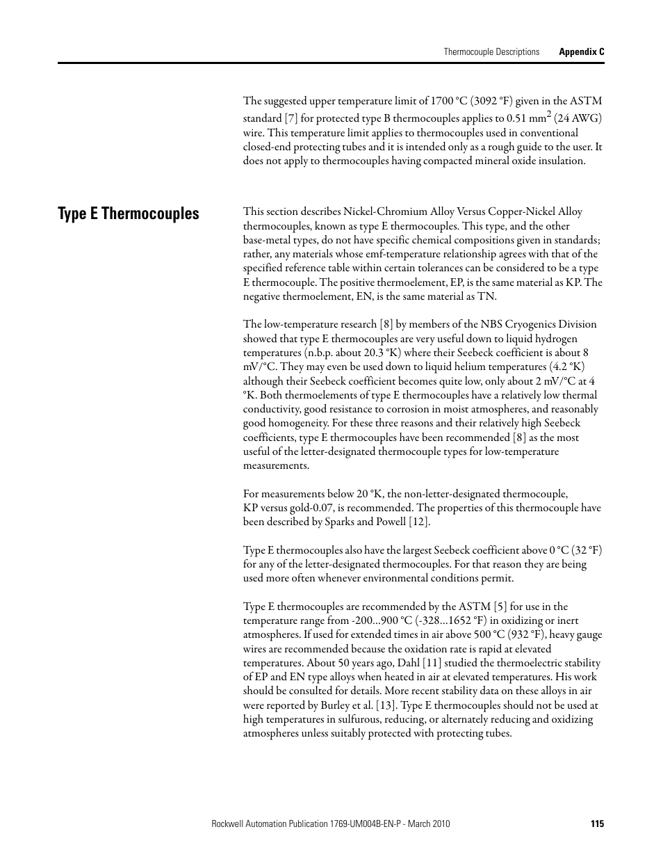 Type e thermocouples | Rockwell Automation 1769-IT6 Compact I/O 1769-IT6 Thermocouple/mV Input Module User Manual | Page 115 / 168