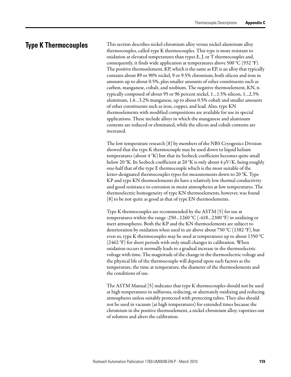 Type k thermocouples | Rockwell Automation 1769-IT6 Compact I/O 1769-IT6 Thermocouple/mV Input Module User Manual | Page 119 / 168