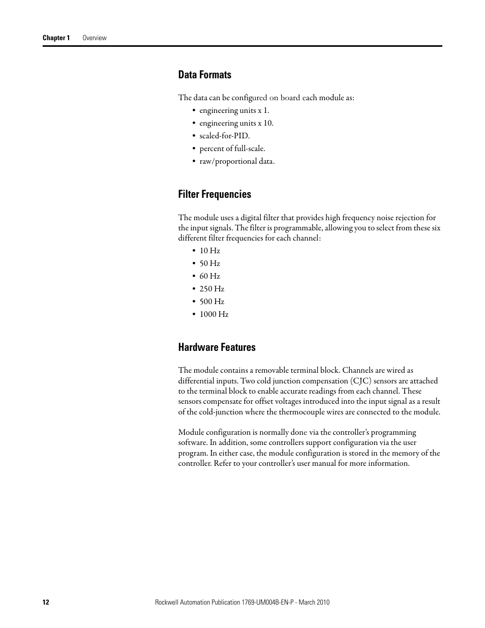 Data formats, Filter frequencies, Hardware features | Data formats filter frequencies hardware features | Rockwell Automation 1769-IT6 Compact I/O 1769-IT6 Thermocouple/mV Input Module User Manual | Page 12 / 168