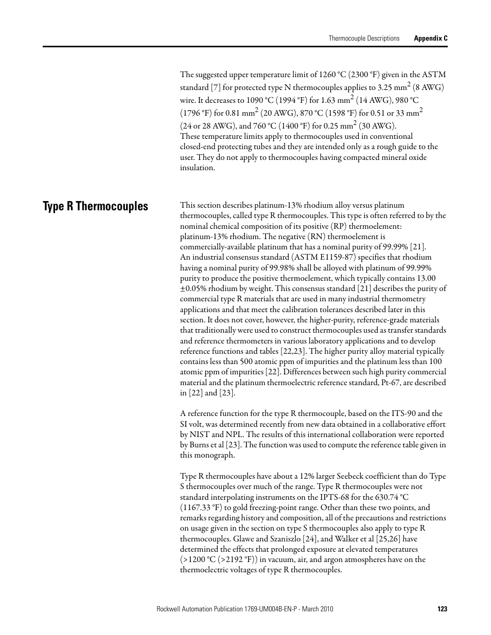 Type r thermocouples | Rockwell Automation 1769-IT6 Compact I/O 1769-IT6 Thermocouple/mV Input Module User Manual | Page 123 / 168