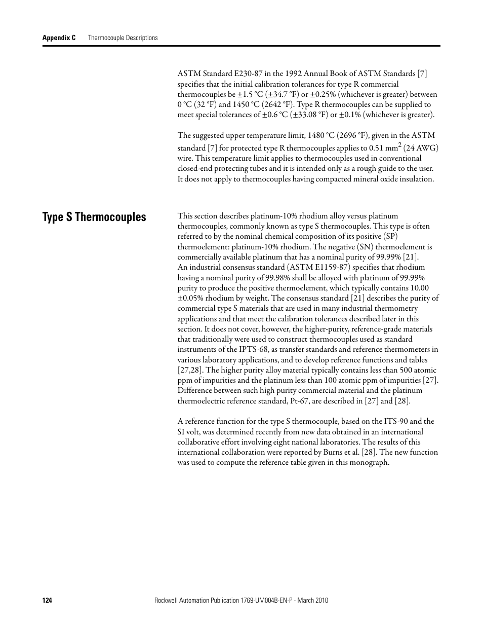 Type s thermocouples | Rockwell Automation 1769-IT6 Compact I/O 1769-IT6 Thermocouple/mV Input Module User Manual | Page 124 / 168