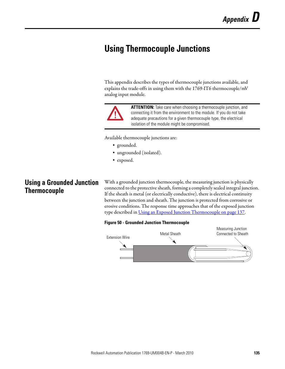 Using thermocouple junctions, Using a grounded junction thermocouple, Appendix d | Appendix | Rockwell Automation 1769-IT6 Compact I/O 1769-IT6 Thermocouple/mV Input Module User Manual | Page 135 / 168