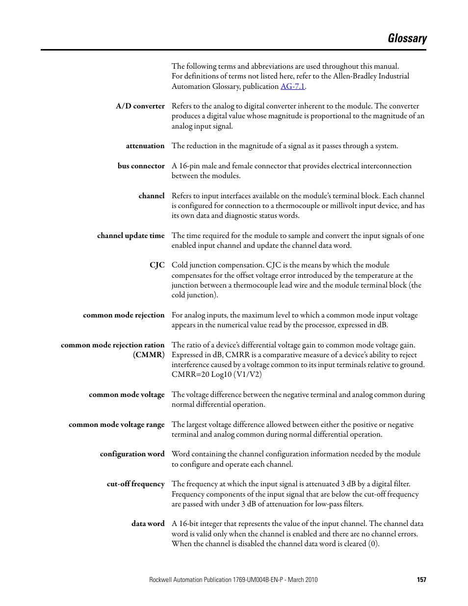 Glossary | Rockwell Automation 1769-IT6 Compact I/O 1769-IT6 Thermocouple/mV Input Module User Manual | Page 157 / 168