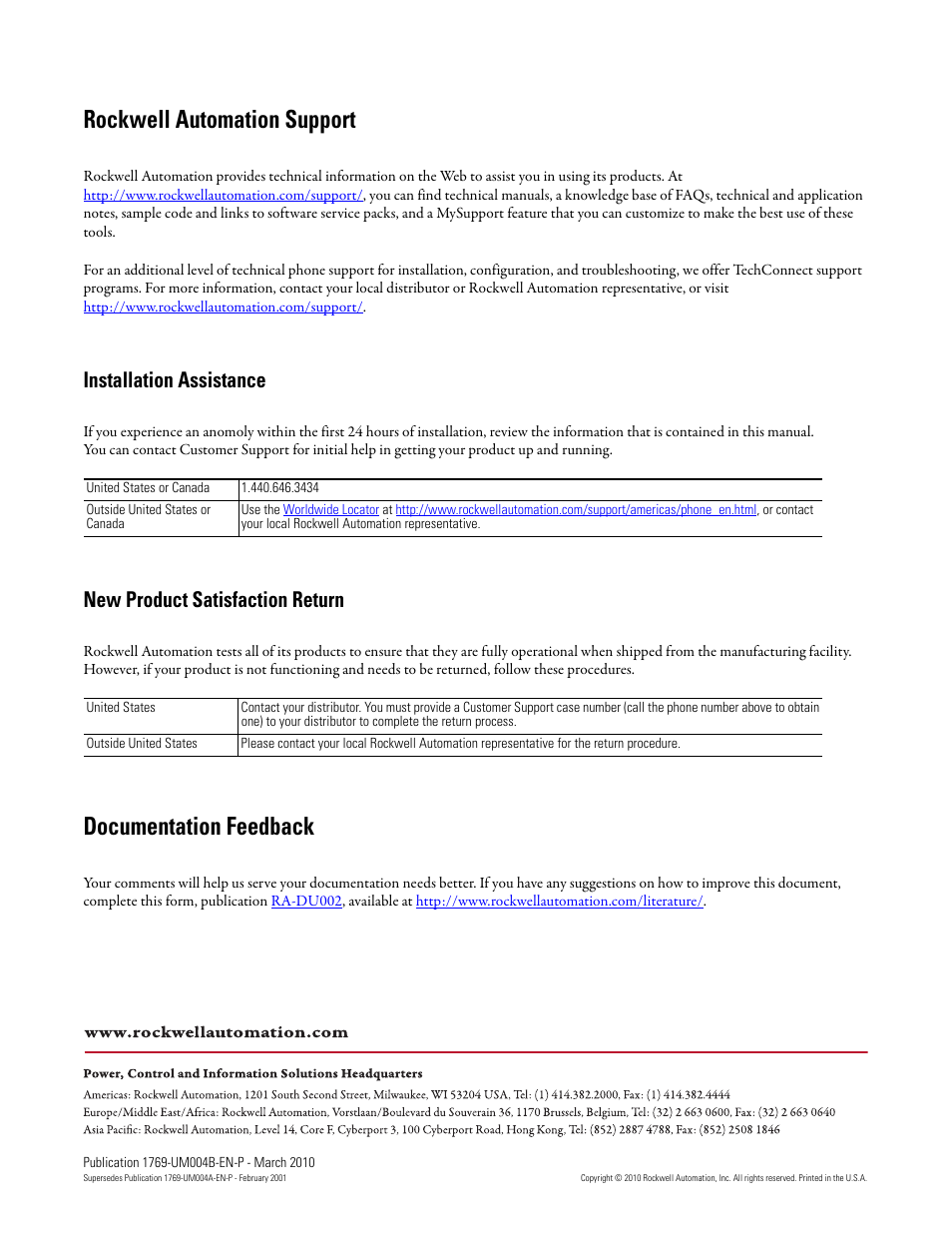 Back cover, Rockwell automation support, Documentation feedback | Installation assistance, New product satisfaction return | Rockwell Automation 1769-IT6 Compact I/O 1769-IT6 Thermocouple/mV Input Module User Manual | Page 168 / 168