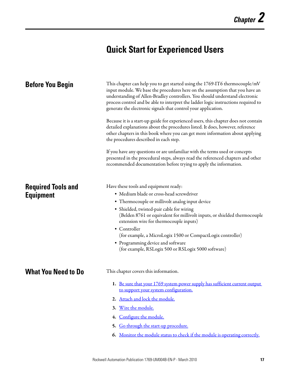 Quick start for experienced users, Before you begin, Required tools and equipment | What you need to do, Chapter 2, Chapter | Rockwell Automation 1769-IT6 Compact I/O 1769-IT6 Thermocouple/mV Input Module User Manual | Page 17 / 168