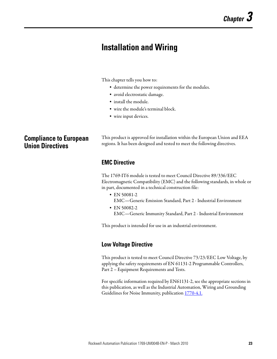 Installation and wiring, Compliance to european union directives, Emc directive | Low voltage directive, Chapter 3, Emc directive low voltage directive, Chapter | Rockwell Automation 1769-IT6 Compact I/O 1769-IT6 Thermocouple/mV Input Module User Manual | Page 23 / 168