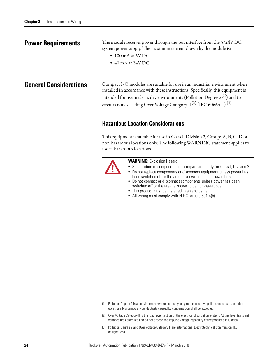 Power requirements, General considerations, Hazardous location considerations | Power requirements general considerations | Rockwell Automation 1769-IT6 Compact I/O 1769-IT6 Thermocouple/mV Input Module User Manual | Page 24 / 168