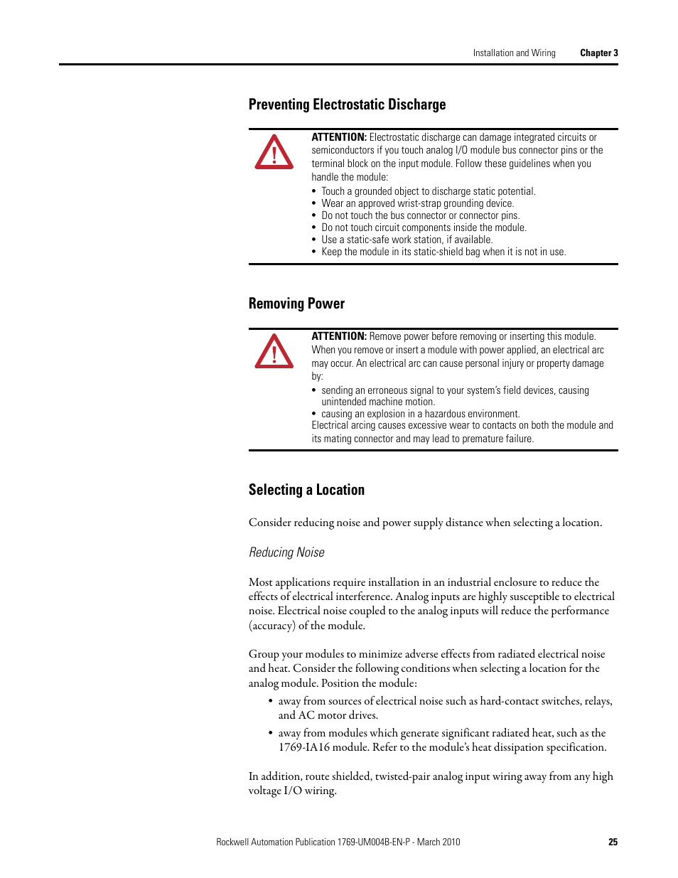 Preventing electrostatic discharge, Removing power, Selecting a location | Rockwell Automation 1769-IT6 Compact I/O 1769-IT6 Thermocouple/mV Input Module User Manual | Page 25 / 168