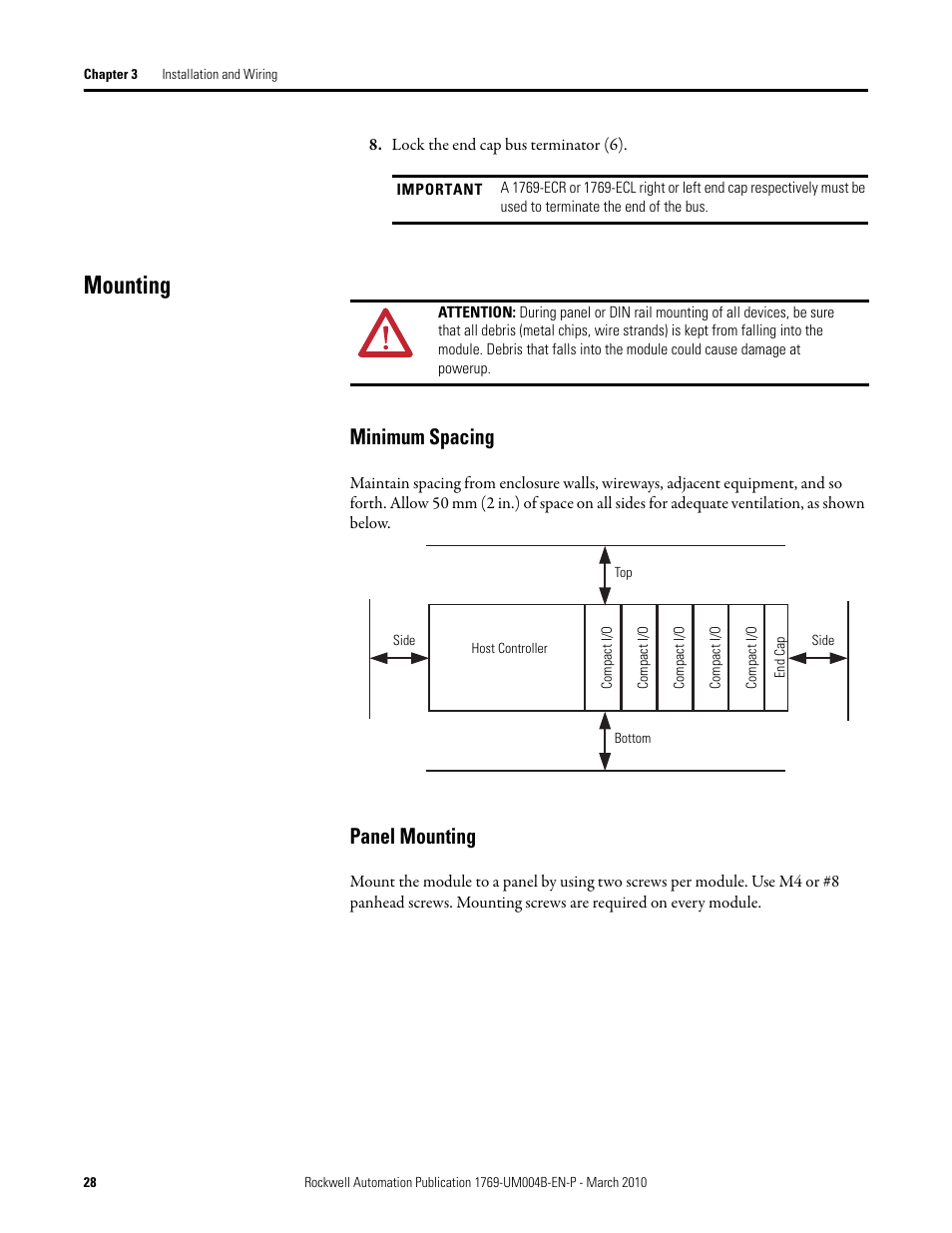 Mounting, Minimum spacing, Panel mounting | Minimum spacing panel mounting | Rockwell Automation 1769-IT6 Compact I/O 1769-IT6 Thermocouple/mV Input Module User Manual | Page 28 / 168