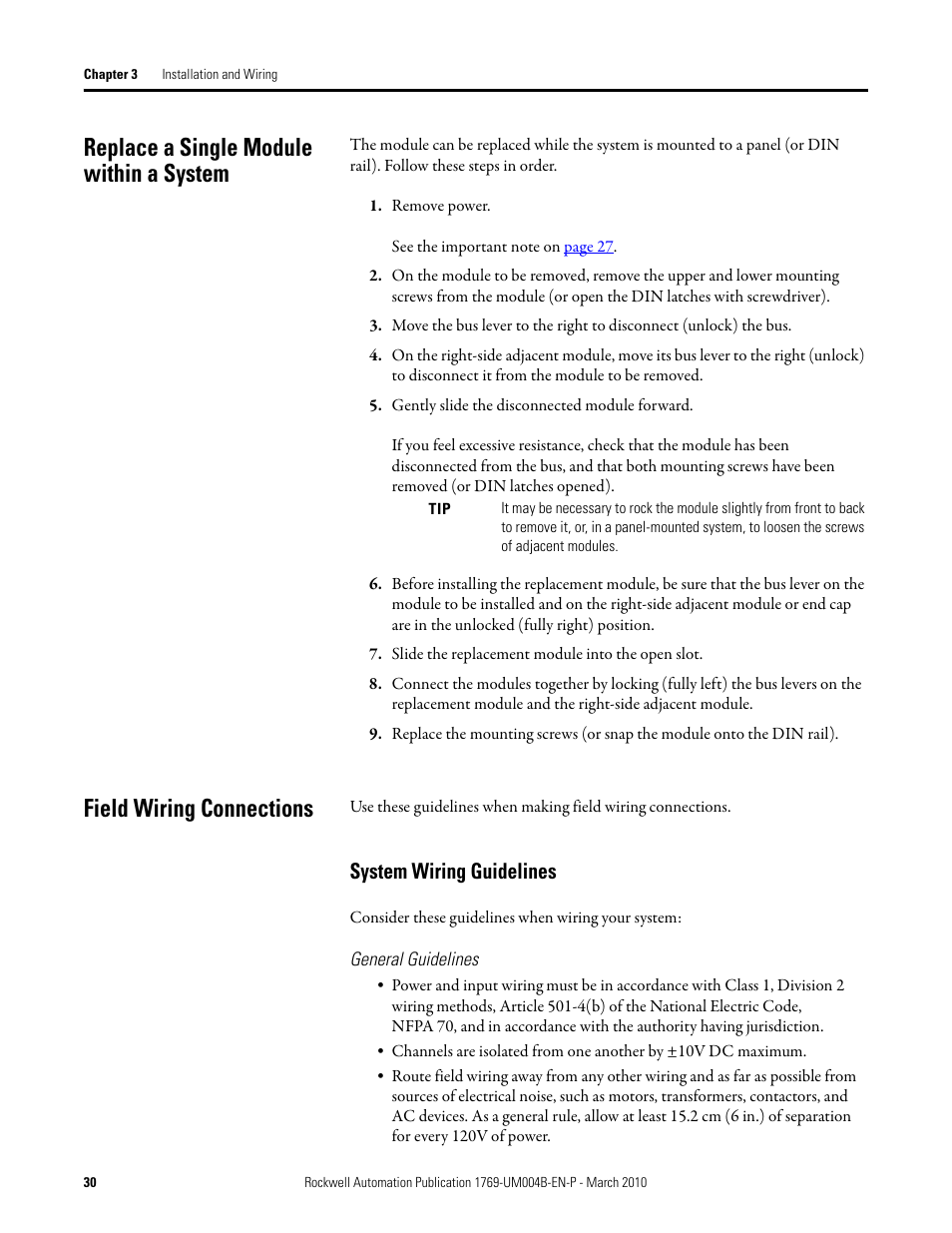 Replace a single module within a system, Field wiring connections, System wiring guidelines | Replace a single module within a | Rockwell Automation 1769-IT6 Compact I/O 1769-IT6 Thermocouple/mV Input Module User Manual | Page 30 / 168